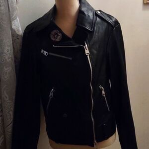 d'zzit Women's S black faux‎ leather front rider biker jacket black denim back